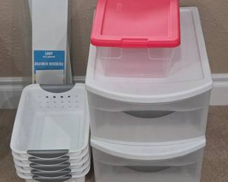 Lot #194 - Sterilite Clear Plastic Storage Drawers, Bin with Red Lid, White Ventilated Storage Baskets & Drawer Dividers