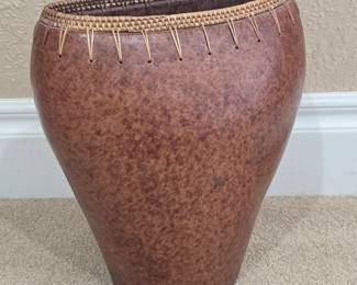 Lot #164 - Oversized Indonesian Vintage Clay Vase with Rattan Edge