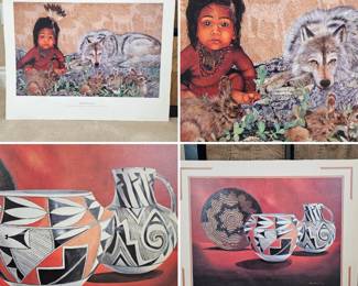 Lot #74 - Two Native American Lithographs - Restored Innocence Featuring Child, Wolf & Rabbits with Pottery Art