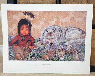 Lot #74 - Two Native American Lithographs - Restored Innocence Featuring Child, Wolf & Rabbits with Pottery Art