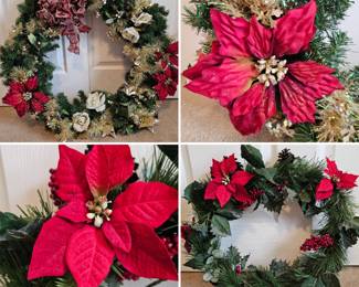 Lot #156 - Two Festive Holiday Christmas Wreaths with Poinsettias, White Roses, Berries, Bows & Gold Tinsel Accents