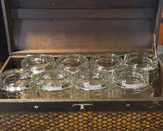 Lot #176 - Anchor Hocking Manchester Tartan Clear Whiskey Tumblers Set with Wood & Rattan Trunk