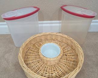 Lot #180 - Rubbermaid Plastic Storage Containers with Red Lids and Wicker Chip & Dip Bowl Set