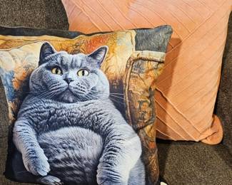 Lot #44 - Unique Cat Print and Soft Orange Velvet Throw Pillows - Cozy Home Decor