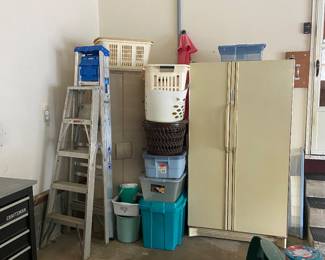 Amana side by side refrigerator, nice garage storage cabinet, lots of totes, baskets, plastics....a couple ladders