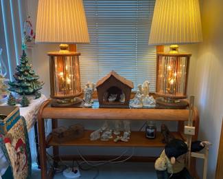 Don Ward table lamps on this awesome 1970's wood and smoked glass entry table