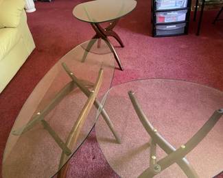 Check out the MCM Forest Wilson glass top coffee table and end tables