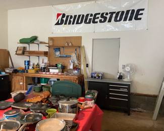Great Bridgestone advertising banner, Craftsman tool bench and lots of misc tools