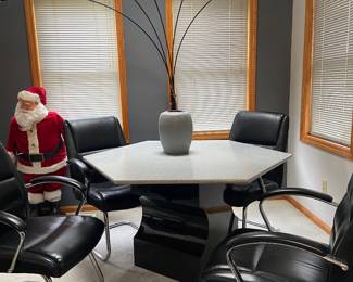 Formica speckle custom built hexagon black base table with four chairs