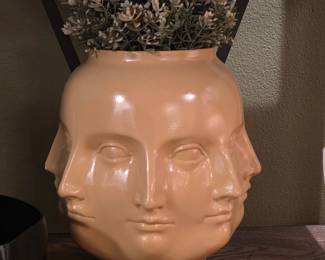 Fornasetti Style Ceramic Face Planter with Faux Greenery