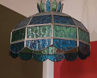 Vintage Stained Glass Hanging Lamp  Blue and Green Geometric Pattern