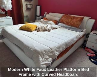 Modern White Faux Leather Platform Bed Frame with Curved Headboard