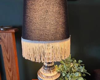 MidCentury Modern Ceramic Table Lamp with Textured Glaze and Fringe Shade