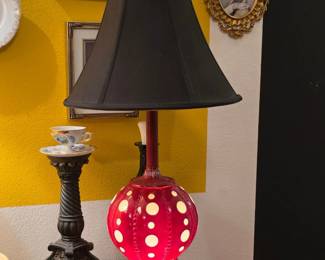 Fenton Cranberry Coin Dot Glass Table Lamp with Repurposed Teacup Base