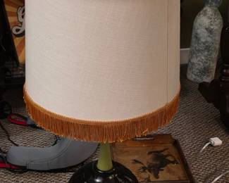 Art Deco Black Ceramic Table Lamp with Frosted Glass Shade and Tassel Fringe