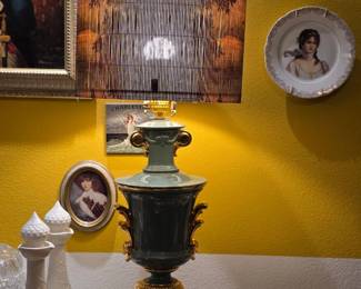 Victorian Style Table Lamp with Porcelain Base and Bamboo Shade