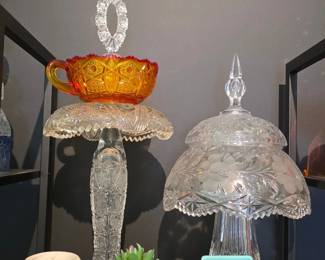 Crystal Footed Compote with Amber and Red Rim