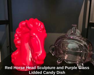 Red Horse Head Sculpture and Purple Glass Lidded Candy Dish