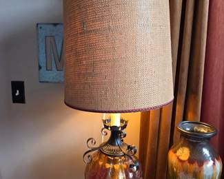 Crackle Glass Table Lamp with Burlap Shade and Scrollwork Accent