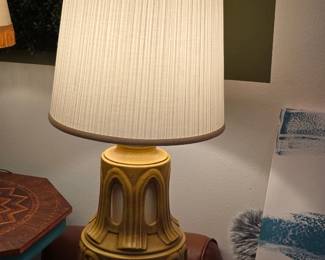 MidCentury Ochre Ceramic Table Lamp with Architectural Cutouts and Pleated Shade