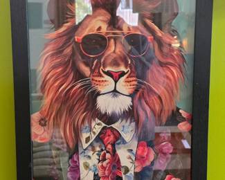 Framed Art Print of a Lion Wearing Sunglasses and Floral Shirt
