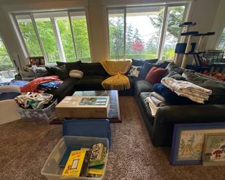 Green sectional couch, blankets, children's books