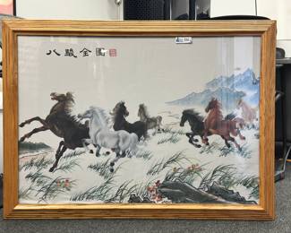 Lot of (3) Framed Artwork: Rich Taylor Photo of Yosemite and Water Color Painting and "Complete Picture of 8 Steeds" Chinese Decorative Print