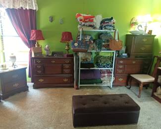 Nightstands and small dressers, lamps and blankets
