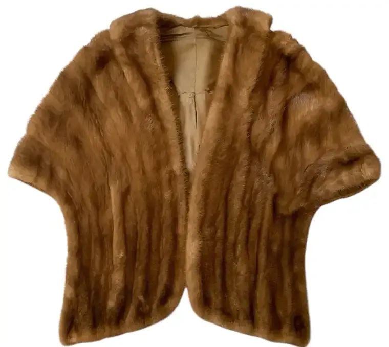 Vintage Brown Fur Stole Wrap w/ Satin Lining Monogrammed