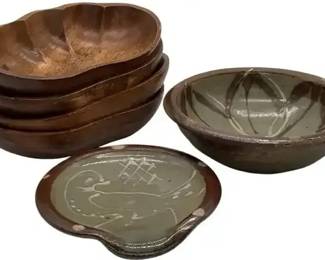 Wooden Bowl & Studio Pottery Dish Lot – 6 Pieces (Handcrafted Style Decor)