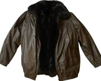 Brown Leather Jacket w/ Removable Faux Fur Lining Zip Front Coat Size M