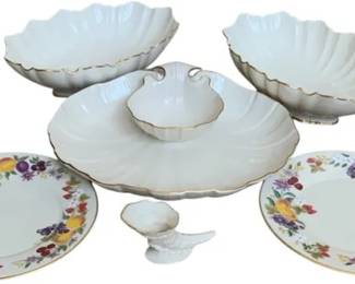 Lenox Floral China Lot – 2 Plates, 2 Scalloped Serving Bowls, Dip Serving Dish & Decorative Dish