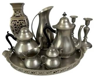 Vintage Pewter Serveware Lot – 9 Pieces Tea Set, Candlesticks, Pitcher & Tray