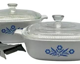 CorningWare Blue Cornflower Casserole Dish Lot – 2 Covered Pots + Detachable Handle