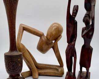 Lot of Hand-Carved Wooden Sculptures – Abstract Tribal Figures & Decorative Vase