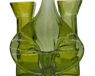 Vintage Green Glass Vase Lot – 3 Decorative Art Glass Pieces (Mid-Century Style)