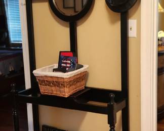 Black Contemporary Hall Tree as is (Crack in wood top of mirror frame area)