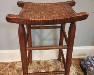 Vintage Mid-Century wide woven medium height solid wood stool