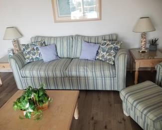 Braxton Culler sleeper sofa and matching arm chair with ottoman; end table & table lamps