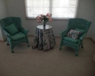 Aqua wicker chairs & accent table