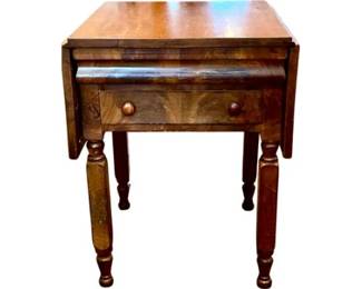 American Empire Flame Mahogany Drop Leaf Side Table With Drawer