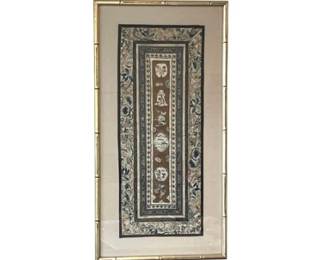 Vintage Chinese Forbidden Stitch Embroidered Silk Panel In Bamboo Gold Frame
