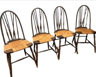 Four Antique Windsor Dining Chairs With Rush Woven Seats
