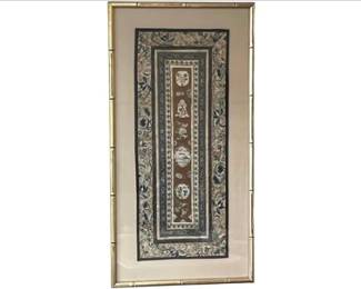 Vintage Chinese Forbidden Stitch Embroidered Silk Panel In Bamboo Gold Frame