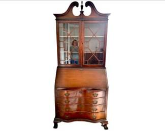 Lovely Chippendale Style Secretary With Glass Doors, Serpentine Front Desk, Ball & Claw Feet