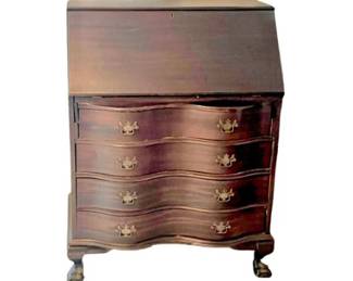 Chippendale Style Slant Top Serpentine Front Desk - Ball & Claw Feet & Brass Pulls
