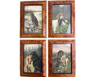Set Of Four Framed Hunting Dog Prints In Burl Wood Frames