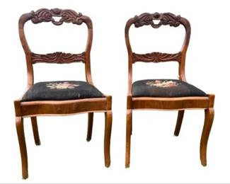 Pair Of Walnut Side Chairs With Needlepoint Seats
