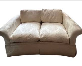 Crescent Shaped Two Cushion Loveseat With Damask Upholstery