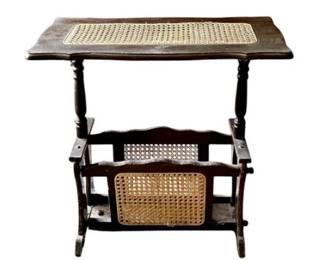 Vintage Accent Table With Caning Inserts & Lower Magazine Holder